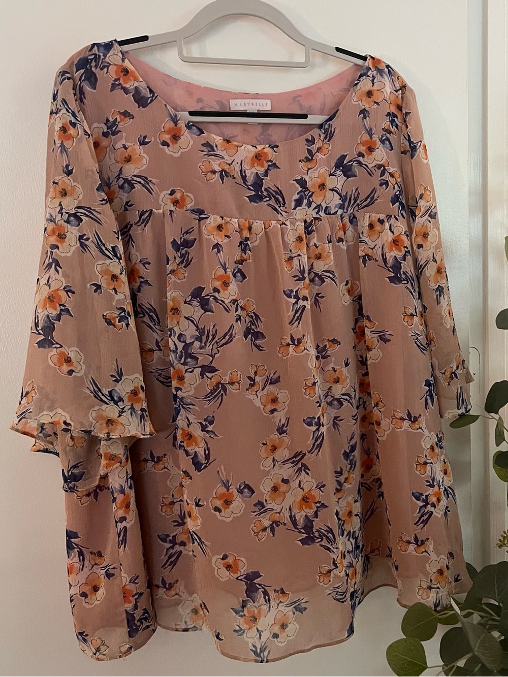 Floral Scoop-Neck Blouse in Soft Pink with Navy & Orange Accents